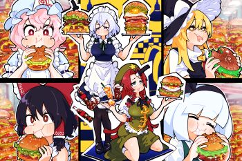 6+girls apron bare_shoulders black_hair black_shoes black_vest blonde_hair blue_dress blue_eyes blue_kimono blush bottle bow braid breasts brown_eyes burger chinese_clothes closed_eyes closed_mouth cola cup dress drinking_glass drinking_straw eating embarrassed food frills full_body gram_9 green_skirt green_vest hairband hakurei_reimu hat highres holding holding_burger holding_food holding_tray hong_meiling izayoi_sakuya japanese_clothes kimono kirisame_marisa knife knife_in_head konpaku_youmu large_breasts long_hair maid maid_apron maid_headdress medium_hair multiple_girls object_through_head open_mouth pantyhose pink_hair red_bow red_eyes red_hair saigyouji_yuyuko shirt shoes sitting skirt sleeveless sleeveless_shirt touhou tray twin_braids upper_body vest wariza white_hair white_shirt witch_hat yellow_eyes