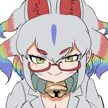 1girl animal_ears bell breasts cleavage commentary extra_ears fox_ears fox_girl glasses green_eyes grey_hair jacket kemono_friends kyuubi_(kemono_friends) large_breasts long_hair looking_at_viewer mcgunngu multicolored_hair neck_bell simple_background solo upper_body