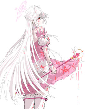 1girl blood blood_in_hair blood_on_clothes blood_on_face bloody_weapon blue_archive broken_halo commentary_request detached_sleeves dress facing_away feet_out_of_frame halo highres holding holding_staff long_hair looking_at_viewer looking_back mage_staff magical_girl official_alternate_costume pink_dress pink_skirt red_eyes simple_background single_hair_intake skirt solo staff suzumi_(blue_archive) suzumi_(magical)_(blue_archive) thighhighs very_long_hair weapon white_background white_hair white_theme yatsuka_mirin zettai_ryouiki
