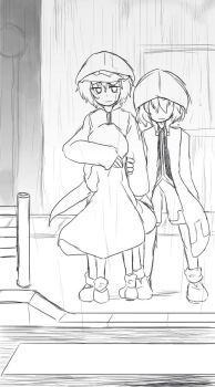 3others androgynous arm_around_neck bare_legs boots building closed_mouth collared_shirt crosswalk faceless frilled_headwear from_behind greyscale hair_between_eyes hat height_difference hug image_sample jandare len&#039;en long_sleeves looking_at_viewer loose_socks mob_cap monochrome multiple_others non-web_source other_focus pixiv_sample rain sad shirt shitodo_aoji shitodo_hooaka shitodo_kuroji short_hair shorts siblings sidewalk sleeves_past_wrists socks standing wet window zipper