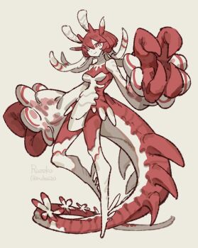 1girl claws colored_sclera colored_skin commentary full_body highres long_hair looking_at_viewer monster_girl no_feet original oversized_forearms oversized_limbs pelvic_curtain red_hair red_sclera red_skin ruteko_(ruko220) simple_background solo symbol-only_commentary tail tentacle_hair thick_tail very_long_tail yellow_background