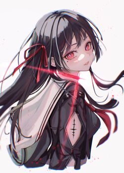 0_tsunamayo_0 1girl absurdres arm_cutout black_hair black_shirt breasts chisa_(wuthering_waves) clothing_cutout commentary hair_ribbon highres long_hair looking_at_viewer looking_to_the_side medium_breasts mole mole_under_eye neckerchief parted_lips red_neckerchief red_ribbon ribbon sailor_collar shirt solo tacet_mark_(wuthering_waves) white_sailor_collar wuthering_waves