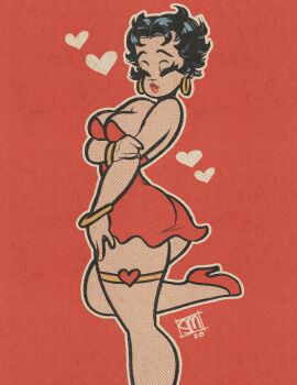 1girl absurdres betty_boop betty_boop_(series) black_hair breasts cleavage closed_eyes dress earrings heart high_heels highres jewelry large_breasts outline red_background red_dress red_shoes sgtmadness shoes short_hair solo strapless strapless_dress thigh_strap white_outline