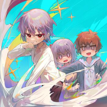 0_0 1girl 2boys ap04astral blue_background brother_and_sister brown_eyes brown_hair clenched_hand commentary cosplay costume_switch crossdressing crossdressing_(ftm) crossdressing_(mtf) grey_hair grin hair_bobbles hair_ornament hashtag-only_commentary highres long_sleeves looking_at_viewer multiple_boys onii-chan_wa_oshimai! open_mouth reverse_trap sakurada_yuuta scared senkawa_kanata senkawa_minato shaded_face shirt short_hair siblings simple_background smile sparkle tearing_up trap v-shaped_eyebrows white_shirt