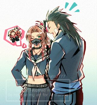 &gt;_&lt; 1boy 1girl aerith_gainsborough aerith_gainsborough_(midgard_seventh_high_school) bandaid bandaid_on_cheek bandaid_on_face black_choker black_hair black_jacket black_sailor_collar black_serafuku black_skirt blue_shirt blush brown_hair choker closed_mouth commentary_request couple cowboy_shot cropped_shirt crossed_arms delinquent drill_hair drill_sidelocks final_fantasy final_fantasy_vii final_fantasy_vii:_ever_crisis flower from_side gakuran gradient_hair green_eyes hair_flower hair_ornament hair_ribbon hetero high_ponytail jacket long_hair long_sleeves mask midriff minato_(ct_777) mouth_mask multicolored_hair navel neckerchief notice_lines official_alternate_costume one_eye_closed open_mouth parted_bangs ponytail profile ribbon sailor_collar school_uniform serafuku shirt sidelocks skirt speech_bubble spiked_hair straight-on sukeban thought_bubble wallet_chain white_neckerchief zack_fair zack_fair_(midgard_seventh_high_school)