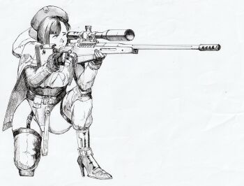 Rule 34 | anti-materiel rifle, asymmetrical bangs, beret, bolt action, boots, closed mouth, commentary request, eunhwa (nikke), fingerless gloves, forehead, full body, gloves, goddess of victory: nikke, greyscale, gun, hat, high heel boots, high heels, highleg, highleg leotard, highres, holding, holding gun, holding weapon, hood, hood down, hooded jacket, jacket, leotard, long hair, mcmillan tac-50, millipen (medium), monochrome, ogirin3948, on one knee, one eye closed, pen (medium), rifle, scope, sniper rifle, solo, traditional media, weapon