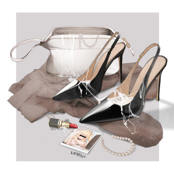 1girl bar_censor black_footwear blonde_hair breasts censored censored_identity cosmetics cum high_heels highres id_card jewelry lipstick lipstick_tube makeup necklace no_humans pearl_necklace photo_(object) red_lips shoes stiletto_heels still_life unworn_shoes xnnagu