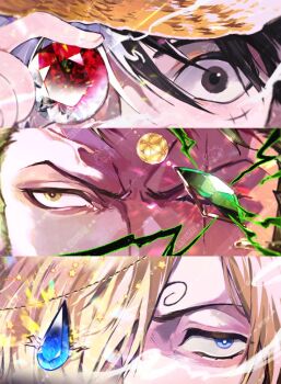 3boys black_hair blonde_hair blue_eyes blue_gemstone commentary curly_eyebrows dpspcat english_commentary eye_focus gem green_gemstone hair_over_one_eye hat male_focus monkey_d._luffy multiple_boys one_piece red_gemstone roronoa_zoro sanji_(one_piece) scar scar_across_eye scar_on_face straw_hat v-shaped_eyebrows