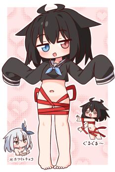Rule 34 | 2girls, :d, @ @, absurdres, antenna hair, barefoot, black hair, black shirt, blue eyes, blue neckerchief, blush, border, bottomless, brown eyes, chibi, closed mouth, commentary request, cropped shirt, full body, grey hair, hana kazari, hands up, heterochromia, highres, jitome, long sleeves, looking at viewer, multiple girls, multiple views, navel, neckerchief, open mouth, original, outline, outside border, pink background, red eyes, red ribbon, ribbon, sailor collar, shirt, short hair, simulated facial, sleeves past fingers, sleeves past wrists, smile, spiral-only eyes, standing, suggestive fluid, translation request, white border, white outline, white sailor collar