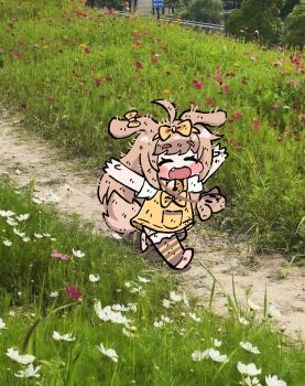 1girl animal_ears arms_up black_thighhighs bluebird_(leh951025) blush_stickers brown_hair butter_(trickcal) chibi closed_eyes commentary_request day dirty dog_ears dog_girl dog_tail dress fang full_body grass happy highres korean_commentary long_hair open_mouth outdoors path photo-referenced photo_background playing road running shirt short_dress short_sleeves smile solo tail thighhighs trickcal white_shirt yellow_dress