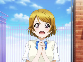 1girl anime_coloring blue_bow blue_bowtie blue_sky blurry blurry_background blush bokeh bow bowtie breasts brick brick_wall brown_hair brown_sweater_vest cloud crying crying_with_eyes_open day depth_of_field diagonal-striped_bow diagonal-striped_bowtie diagonal-striped_clothes dress_shirt fence hands_up highres koizumi_hanayo looking_at_viewer love_live! love_live!_school_idol_festival_all_stars love_live!_school_idol_project medium_breasts official_art open_mouth otonokizaka_school_uniform outdoors own_hands_clasped own_hands_together purple_eyes raised_inner_eyebrows rooftop school_uniform shirt short_hair short_sleeves sky solo straight-on striped_bow striped_bowtie striped_clothes summer_uniform sweater_vest tearing_up tears upper_body wavy_mouth white_shirt