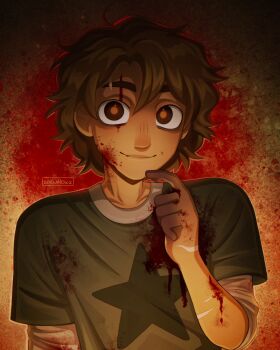 1boy alternate_eye_color alternate_hairstyle alternate_universe artist_name blood blood_on_clothes blood_on_face blood_on_hands brown_eyes brown_hair closed_mouth commentary dark-skinned_male dark_skin english_commentary green_shirt highres kel_(faraway)_(omori) kel_(omori) looking_at_viewer male_focus messy_hair omori scar scar_on_arm shirt short_hair short_sleeves smile solo t-shirt upper_body zoewillowz