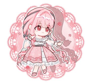 1girl :3 absurdres bare_shoulders belt black_belt black_bow black_ribbon border bow bra_strap buttons center_frills cherry_blossoms chibi chinese_commentary closed_mouth commentary_request drop_shadow eyelashes eyes_visible_through_hair frilled_shirt frilled_skirt frilled_sleeves frills hair_bow hair_ribbon hand_on_own_shoulder happy highres infinity_nikki lace_background layered_skirt long_hair long_sidelocks long_sleeves looking_to_the_side lovers1128 low_twintails mary_janes medium_skirt nikki_(nikki) nikki_(series) no_socks off-shoulder_shirt off_shoulder outline outstretched_arm perfect_start_(infinity_nikki) pink_background pink_eyes pink_hair pink_ribbon pink_shoes pink_skirt pleated_skirt print_skirt puffy_long_sleeves puffy_sleeves ribbon round_border see-through_clothes see-through_sleeves shirt shoes sidelocks skirt smile snowflakes solo tress_ribbon twintails very_long_hair wavy_hair white_border white_outline white_shirt white_skirt