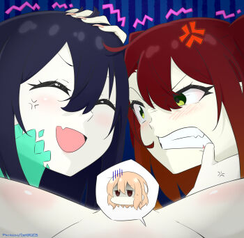 3girls anger_vein artist_name blue_hair blush censored character_censor closed_eyes fang garethue8 green_eyes long_hair mermaid monster_girl multiple_girls novelty_censor nude open_mouth oumi_shiori partially_visible_vulva red_hair scales short_hair skin_fang smile speech_bubble speech_bubble_censor spread_legs twintails watashi_wo_tabetai_hitodenashi yaotose_hinako yashiro_miko yuri