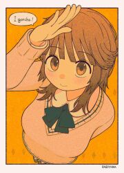 Rule 34 | amagami, arm behind back, artist name, blouse, blush, border, bow, bowtie, breasts, brown eyes, brown hair, brown sweater, closed mouth, collared shirt, commentary, english text, foreshortening, from above, green bow, green bowtie, hair over shoulder, hand up, highres, kibito high school uniform, large breasts, light blush, looking at viewer, looking up, medium hair, orange background, outside border, paper texture, rabiyamarabi, sakurai rihoko, salute, school uniform, shirt, signature, smile, sweater, upturned eyes, v-neck, white border, white shirt