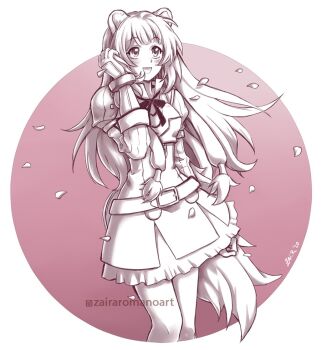 1girl :d animal_ear_fluff animal_ears armor belt blunt_bangs breastplate breasts collared_dress commentary cowboy_shot dress elbow_gloves english_commentary falling_petals floating_hair gloves hair_tubes hand_up layered_dress long_hair looking_ahead medium_breasts metal_arm_cuffs metal_wrist_cuffs neck_ribbon open_mouth pauldrons petals pinstripe_dress pinstripe_pattern raccoon_ears raccoon_girl raccoon_tail raphtalia ribbon short_dress shoulder_armor single_pauldron smile solo tail tate_no_yuusha_no_nariagari zairaromanoart