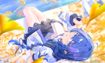 1girl :o ahoge autumn_leaves black_skirt blue_eyes blue_hair braid commentary crossed_bangs es_limi falling_leaves from_above ginkgo_leaf hand_up highres leaf long_braid long_hair long_sleeves miniskirt mushoku_tensei roxy_migurdia shirt sitting skirt soaking_feet solo thighs twin_braids very_long_hair water white_shirt yellow_leaves