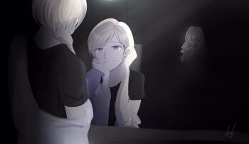 2girls asphyxiation barisol_no_kodomo_wa_hitorikko_(vocaloid) black_shirt blonde_hair blue_eyes blunt_bangs ceiling chimidoro_switch_(vocaloid) coat crying crying_with_eyes_open evillious_nendaiki forced_smile hanged hospital_gown kagamine_rin lab_coat levia_barisol long_hair m_ur_i mayu_(vocaloid) multiple_girls noose reflection rope_around_neck shaded_face shirt signature streaming_tears suicide tears temple tile_ceiling tiles vocaloid wavy_hair white_coat window