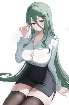 1girl absurdres black_skirt black_thighhighs blush breasts closed_mouth collared_shirt commentary glasses green_eyes green_hair hair_between_eyes hair_ornament hairclip hand_up highres large_breasts long_hair long_sleeves looking_at_viewer o_cha_(seyc3447) office office_lady original shirt shirt_tucked_in simple_background skirt solo thighhighs thighs very_long_hair white_background white_shirt