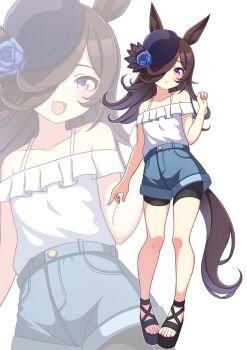 Rule 34 | 1girl, animal ears, bare shoulders, bike shorts, bike shorts under shorts, black shorts, blue flower, blue rose, blue shorts, blush, breasts, brown hair, collarbone, commentary request, flipped hair, flower, hair over one eye, hat, hat flower, highres, hokuyukis, horse ears, horse girl, horse tail, long hair, looking at viewer, off-shoulder shirt, off shoulder, open mouth, parted lips, purple eyes, rice shower (umamusume), rose, sandals, shirt, shorts, small breasts, smile, tail, tilted headwear, umamusume, white shirt, zoom layer