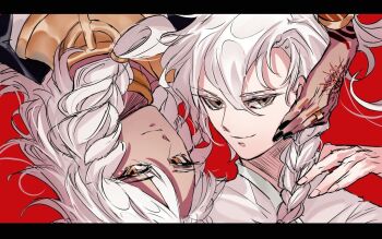 Rule 34 | 2boys, braid, braided ponytail, brown eyes, commentary request, dark-skinned male, dark skin, fate/grand order, fate (series), hair between eyes, han12sara, hand tattoo, jewelry, korean commentary, long hair, looking at viewer, male focus, marisbury animusphere, multiple boys, portrait, red background, ring, simple background, single braid, smile, solomon (fate), tattoo, upside-down, white hair