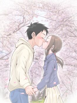 Rule 34 | 1boy, 1girl, absurdres, blush, cherry blossoms, couple, day, french kiss, hand grab, hatomugi (user datj4345), hetero, highres, husband and wife, karakai jouzu no (moto) takagi-san, karakai jouzu no takagi-san, kiss, nishikata, outdoors, spring (season), takagi-san