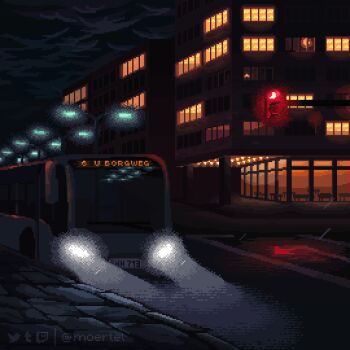 animated animated_gif artist_name blinking_lights building bus city cloud cloudy_sky hamburg lamppost license_plate moertel motor_vehicle night no_humans original outdoors overcast pixel_art road scenery sky street traffic_light tumblr_logo twitch_logo twitter_logo twitter_username window