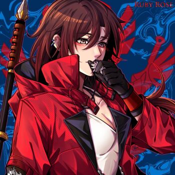 1girl blush breasts brown_hair character_name cleavage commentary earrings english_commentary gloves grey_eyes hair_between_eyes jacket jewelry jindianjun000 kissing_necklace medium_breasts necklace open_clothes open_jacket ruby_rose rwby solo upper_body