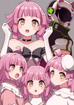 1girl a.l.a.n_(love_live!) absurdres ahoge birthday blush breasts collarbone commentary cream_(nipakupa) elbow_gloves gloves grey_background hat helmet highres looking_at_viewer love_live! love_live!_nijigasaki_high_school_idol_club love_live!_nijigasaki_high_school_idol_club_the_movie_-_finale medium_hair multiple_views pink_hair small_breasts tennoji_rina upper_body white_gloves yellow_eyes