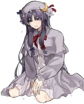 1girl commentary crescent crescent_hat_ornament dress hat hat_ornament highres long_hair mob_cap patchouli_knowledge purple_dress purple_eyes purple_hair purple_hat sidelocks simple_background sitting solo tearing_up tears touhou wariza white_background youna_nan