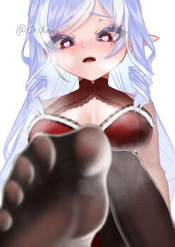 1girl absurdres blush chixamo feet heart heart-shaped_pupils highres long_hair looking_at_viewer open_mouth pantyhose pointy_ears pov red_eyes soles steam symbol-shaped_pupils toes vivian_banshee zenless_zone_zero