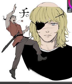 Rule 34 | 2boys, badeni, black hair, black tabard, blonde hair, brown pants, chi.: chikyuu no undou ni tsuite, commentary request, eyepatch, falling, grey eyes, hair bun, jewelry, kimmao, multiple boys, necklace, oczy, pants, ponytail, scabbard, scar, scar on face, sheath, shirt, tabard, twitter username