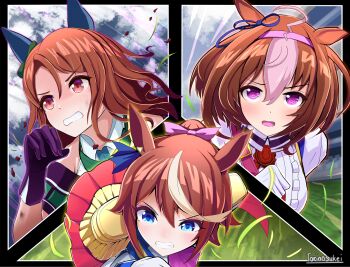 Rule 34 | 1girl, 3girls, @ @, ahoge, animal ears, ascot, bag, bare shoulders, between breasts, black gloves, blue eyes, blush, bow, breasts, brown hair, cape, clenched teeth, commentary request, double-parted bangs, dress, ear bow, ear covers, ear ribbon, epaulettes, gloves, green bow, green dress, hair between eyes, hairband, headband, high ponytail, highres, horse ears, horse girl, jacket, king halo (king of emeralds) (umamusume), king halo (umamusume), long hair, long sleeves, meisho doto (turbulent blue) (umamusume), meisho doto (umamusume), multicolored hair, multicolored jacket, multiple girls, off shoulder, open mouth, pink ascot, pink hairband, pink headband, ponytail, purple eyes, red cape, red eyes, running, shirt, short hair, shoulder bag, single epaulette, strap between breasts, streaked hair, teeth, tokai teio (peak joy) (umamusume), tokai teio (umamusume), torinosukei, two-tone hair, two-tone jacket, umamusume, white gloves, white hair, white jacket, white shirt