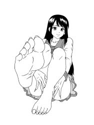 Rule 34 | 1girl, barefoot, feet, fingernails, foot focus, honjo yuri, long fingernails, monochrome, official style, school uniform, simple background, skirt, smile, tenkuu shinpan, toenails, toes