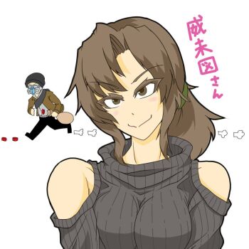 1girl 2boys artist_self-insert ate_(ate_robo521) atee_(ate_robo521) bare_shoulders borrowed_character breast_padding breasts brown_eyes brown_hair imizu_(nitro_unknown)_(character) long_hair multiple_boys off-shoulder off-shoulder_sweater off_shoulder ponytail real_life ribbed_sweater smile sweater trap turtleneck