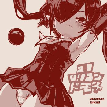 1girl armpits arms_up backbeako_(torotei) backbeard bare_shoulders blush breasts closed_mouth commentary cowboy_shot dated dated_commentary dress elbow_gloves expressionless from_below gegege_no_kitarou gloves hair_over_one_eye hair_ribbon kono_lolicon_domome long_hair looking_at_viewer monochrome neckerchief original paid_reward_available panties pantyshot pointy_ears red_theme ribbon simple_background sleeveless sleeveless_dress small_breasts solo standing torotei translated twintails underwear very_long_hair watermark web_address white_background