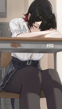 1girl black_hair black_pantyhose black_skirt blush breasts button_gap chair classroom cleavage closed_eyes colored_inner_hair desk ellen_joe ellen_joe_(on_campus) fins fish_tail hashtag-only_commentary large_breasts multicolored_hair naig_(naiji) pantyhose pleated_skirt school_chair school_desk school_uniform shark_girl shark_tail shirt sitting skirt sleeping solo tail white_shirt zenless_zone_zero