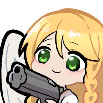 1girl angel_wings bird blonde_hair braid chibi commission commissioner_upload emoji feathered_wings fire_emblem fire_emblem:_path_of_radiance fire_emblem:_radiant_dawn gliesse82_5 green_eyes gun hair_between_eyes heron holding holding_gun holding_weapon laguz_(fire_emblem) leanne_(fire_emblem) nintendo smile solo weapon white_wings wings
