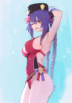 1girl absurdres arm_behind_head armpits beret black_hat blue_background braid breasts commentary flower girls'_frontline girls'_frontline_2:_exilium hair_flower hair_ornament hat highres i_bucket large_breasts lewis_(girls'_frontline) lewis_(girls'_frontline_2) lewis_(sunscreen_battle)_(girls'_frontline) long_hair looking_at_viewer official_alternate_costume one-piece_swimsuit one_eye_closed open_mouth purple_hair red_flower red_one-piece_swimsuit simple_background smile solo swimsuit teeth twin_braids upper_teeth_only