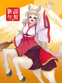 1girl :d animal_ears arm_up blonde_hair blunt_bangs breasts brown_eyes centaur chinese_zodiac collarbone commentary_request hagoita highres holding holding_paddle hooves horse_ears horse_tail japanese_clothes kimono large_breasts light_blush long_hair long_sleeves looking_at_viewer monster_girl multiple_legs new_year open_mouth orange_background original paddle rearing red_skirt shichinananao sidelocks skirt smile solo standing tail taur underbust white_kimono wide_sleeves year_of_the_horse