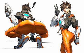 ! 1girl armor armored_gloves ass ass_focus blizzard_(company) bodysuit breasts brown_eyes brown_hair female_focus gloves gun handgun highres jacket looking_ahead looking_at_viewer mashingvaquita one_eye_closed overwatch pants shoes short_hair skin_tight squatting tongue tracer_(overwatch) v weapon wink