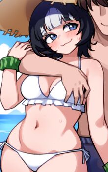 1boy 1girl :3 azur_lane bikini black_hair blue_eyes blush breasts cleavage commission day eskimo_(azur_lane) eskimo_(parkaless_prankster)_(azur_lane) frilled_bikini frills grabbing_another&#039;s_breast green_scrunchie groping hat hetero kwaejina looking_at_another medium_breasts multicolored_hair navel pixiv_commission scrunchie short_hair side-tie_bikini_bottom sky smile straw_hat swimsuit water wrist_scrunchie