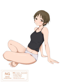 1girl absurdres akebi-chan_no_serafuku aki_male2000 alt_text arm_support barefoot black_shirt brown_eyes brown_hair collarbone commentary feet from_side full_body highres indian_style looking_at_viewer midriff panties parted_lips shirt short_hair simple_background sitting sleeveless sleeveless_shirt soles solo tanigawa_kei underwear white_background white_panties