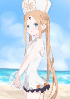 1girl abigail_williams_(fate) absurdres bare_arms bare_shoulders beach blonde_hair blue_eyes blue_sky blush breasts cloud day double_bun fate/grand_order fate_(series) hair_bun hat highres holding horizon keyhole long_hair ocean one-piece_swimsuit outdoors parted_lips riya_(01214) sketch sky small_breasts solo standing swimsuit twintails very_long_hair water white_hat white_one-piece_swimsuit