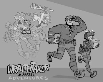 1boy 3girls absurdres alternate_costume arms_up awaria azazel_(helltaker) breasts chasing demon demon_girl demon_horns demon_tail eating english_text evil_smile food ghost glasses gloves greyscale halo hat helltaker helltaker_(character) highres holding holding_wrench horns jacket jacket_on_shoulders justice_(helltaker) long_hair lucifer_(helltaker) monochrome multiple_girls nervous official_art pancake pants running smile tail torn_clothes torn_pants vanripper wrench