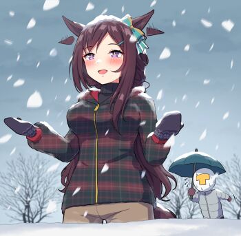 Rule 34 | + +, 1girl, 1other, :d, afterimage, animal ears, black mittens, blue bow, blue umbrella, blush, bow, breasts, brown gloves, brown hair, brown pants, commentary request, ear bow, ear wiggle, flying sweatdrops, gloves, grey jacket, hair ornament, hairclip, hands up, highres, holding, holding umbrella, horse ears, horse girl, horse tail, jacket, long hair, long sleeves, medium breasts, mejiro dober (umamusume), mittens, motion lines, open mouth, outdoors, overcast, pants, plaid clothes, plaid jacket, puffy long sleeves, puffy sleeves, purple eyes, running, sky, smile, snow, snowing, t-head trainer (umamusume), tail, takiki, trainer (umamusume), umamusume, umbrella, very long hair