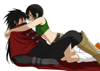 Rule 34 | 1boy, 1girl, armored boots, arms at sides, assertive female, black gloves, black hair, black pants, boots, breasts, brown eyes, cloak, crop top, final fantasy, final fantasy vii, gloves, green shirt, grey shorts, hair between eyes, headband, hetero, highres, long hair, looking at another, loose socks, medium breasts, midriff, orange shoes, pants, reclining, red cloak, red eyes, red headband, s m man, shirt, shoes, short hair, shorts, sleeveless, sleeveless shirt, socks, vincent valentine, white background, white socks, yuffie kisaragi