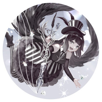 Rule 34 | 1girl, bare shoulders, black dress, black footwear, black hair, black headwear, black legwear, black theme, black wings, detached sleeves, diamond (gemstone), drawing, dress, feathered wings, feathers, fingernails, frilled dress, frills, gem, glint, grey eyes, hair wings, hat feather, holding, holding pen, karasuba yomi, multicolored clothes, nail polish, open mouth, original, pantyhose, pen, purple nails, smile, solo, sparkle, striped clothes, striped headwear, striped legwear, striped pantyhose, teeth, tongue, upper teeth only, vertical-striped clothes, vertical-striped pantyhose, wacom, white headwear, white legwear, wings