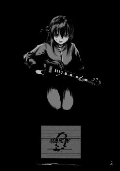 1girl absurdres blue_eyes bocchi_the_rock! cube_hair_ornament derivative_work electric_guitar film_grain gotoh_hitori greyscale guitar hair_bobbles hair_ornament highres holding holding_instrument instrument logo long_hair long_sleeves looking_at_viewer maximum_the_hormone monochrome nervous_smile one_side_up parody seiza shadow sitting smile solo spot_color static sudachi-udon sweat television track_suit vhs_artifacts