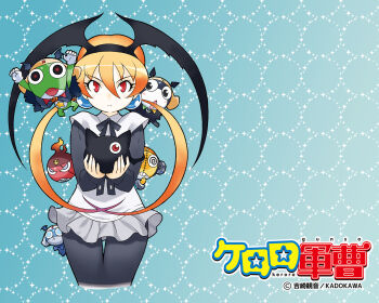 Rule 34 | 1girl, alisa southerncross, black eyes, blue background, blue eyes, copyright name, dororo (keroro gunsou), dress, frog, giroro, glasses, hat, headphones, keroro, keroro gunsou, kururu (keroro gunsou), long hair, looking at viewer, mask, mouth mask, neck ribbon, ninja mask, official art, official wallpaper, orange hair, pantyhose, red eyes, ribbon, simple background, star (symbol), tamama, twintails, yoshizaki mine